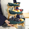 3 tiers ceramic fruit candy dish tray with wooden stand decorative cheap 3 tier bamboo cake stand fruit tray